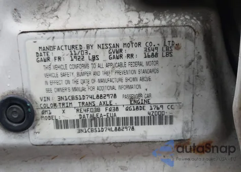 2004 Nissan Sentra 1.8S z USA, uszkodzony, nr VIN 3N1CB51D74L882978